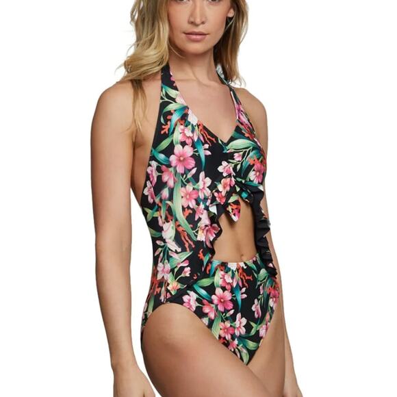 Carmen Marc Valvo Keyhole Ruffle One Piece Floral Black Floral Swimsuit 8 NWT - Picture 2 of 7